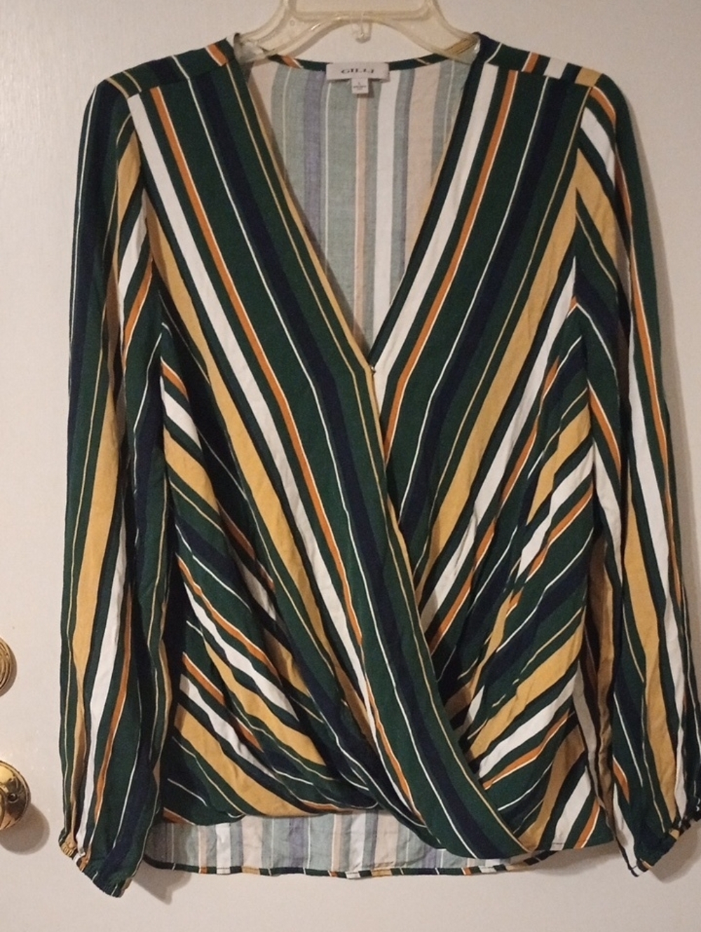 Gilli Green, Mustard & White Striped Faux-Wrap Blouse